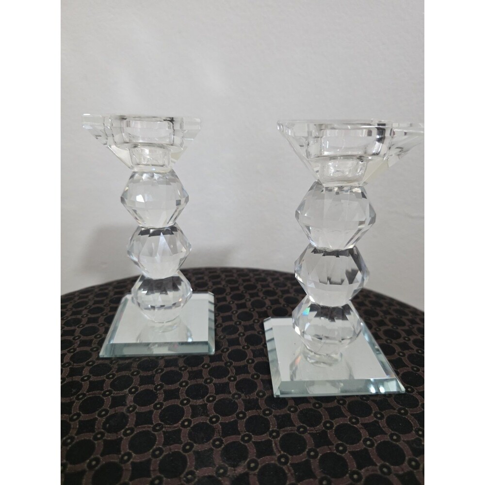 Art Deco CRYSTAL Set of 2  Gemstone Cut PRISM Pillar Candlestick Holder Pair